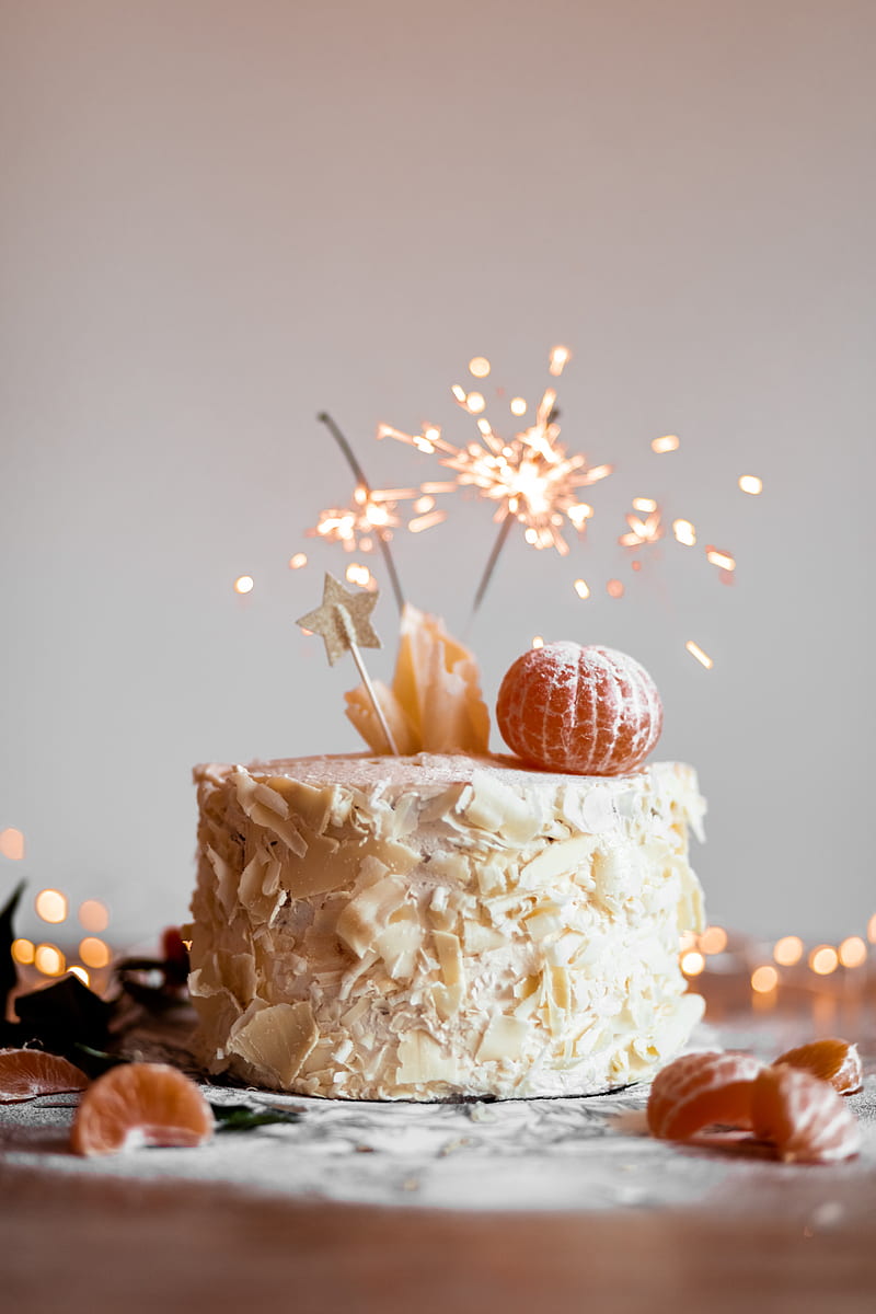 cake, oranges, sparklers, decoration, festive, HD phone wallpaper