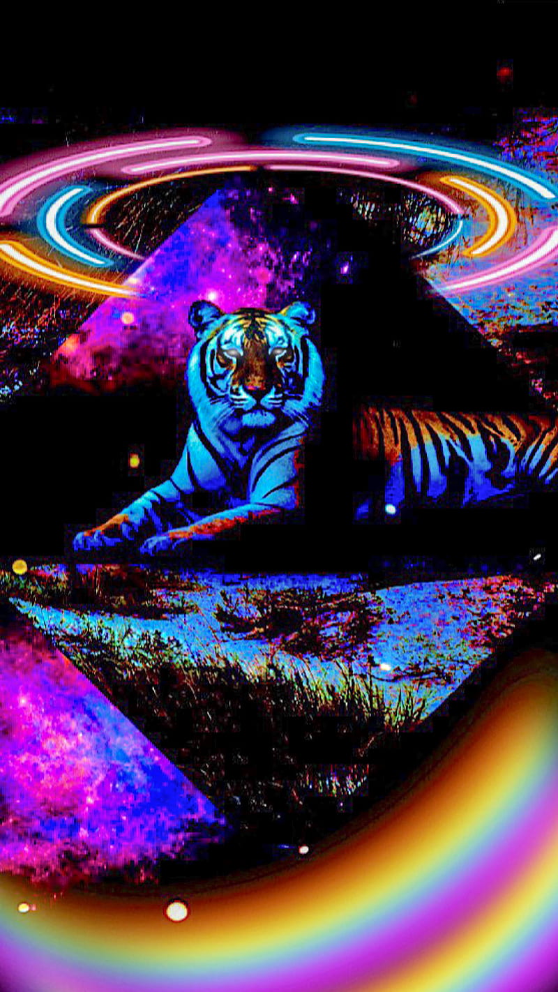 “Celestial Tigress”, ColetteLrsn, animal, cat, celestial tigress, glo, glo , neon, neon , rainbow, space, tiger, tigress, HD phone wallpaper