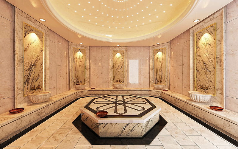 Turkish bath, marble white walls, bathroom, Turkish Hamam, bathroom project, HD wallpaper