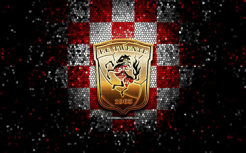 FC Twente, glitter logo, Eredivisie, red white checkered background, soccer, Dutch football club, FC Twente logo, mosaic art, football, Twente FC, HD wallpaper