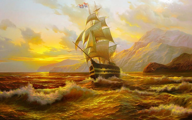 Golden Sunset Sailing, boat, golden, painting, sailing, sunset, waves, flag, gorgeous, HD wallpaper