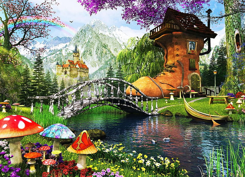 The Old Shoe House, boat, bridge, mushrooms, river, trees, castle, artwork, landscape, HD wallpaper