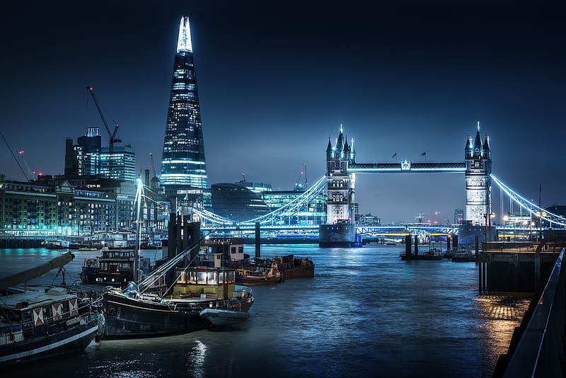 Bridges, Night, London, Light, Bridge, Boat, Thames, Tower Bridge, , The Shard, HD wallpaper
