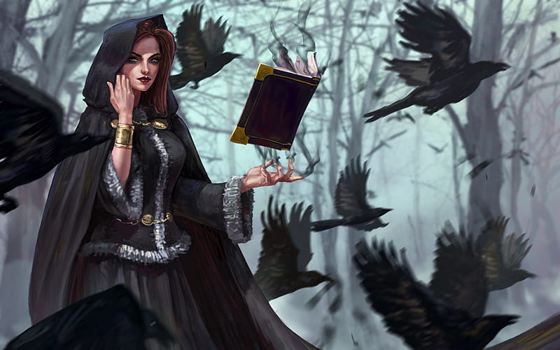 Witch, art, raven, pasare, book, black, spell, fantasy, bird, girl, HD wallpaper