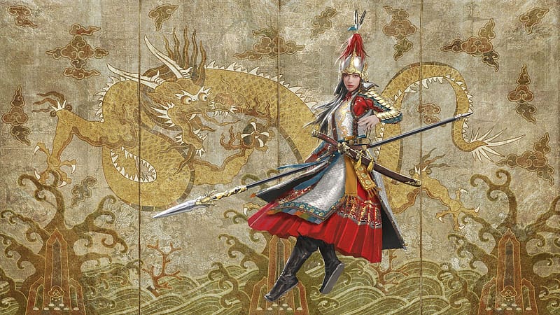 Mulan, girl, golden, art, warrior, yellow, ningbo jiang, armor, frumusete, fantasy, dragon, red, asian, HD wallpaper