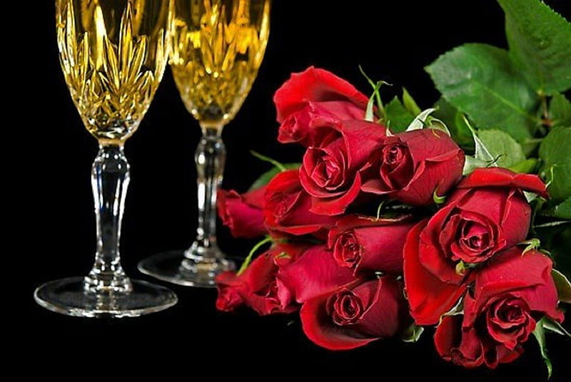 For a Special Day , red roses, still life, bouquet, glasses, flowers, champagne, special day, HD wallpaper