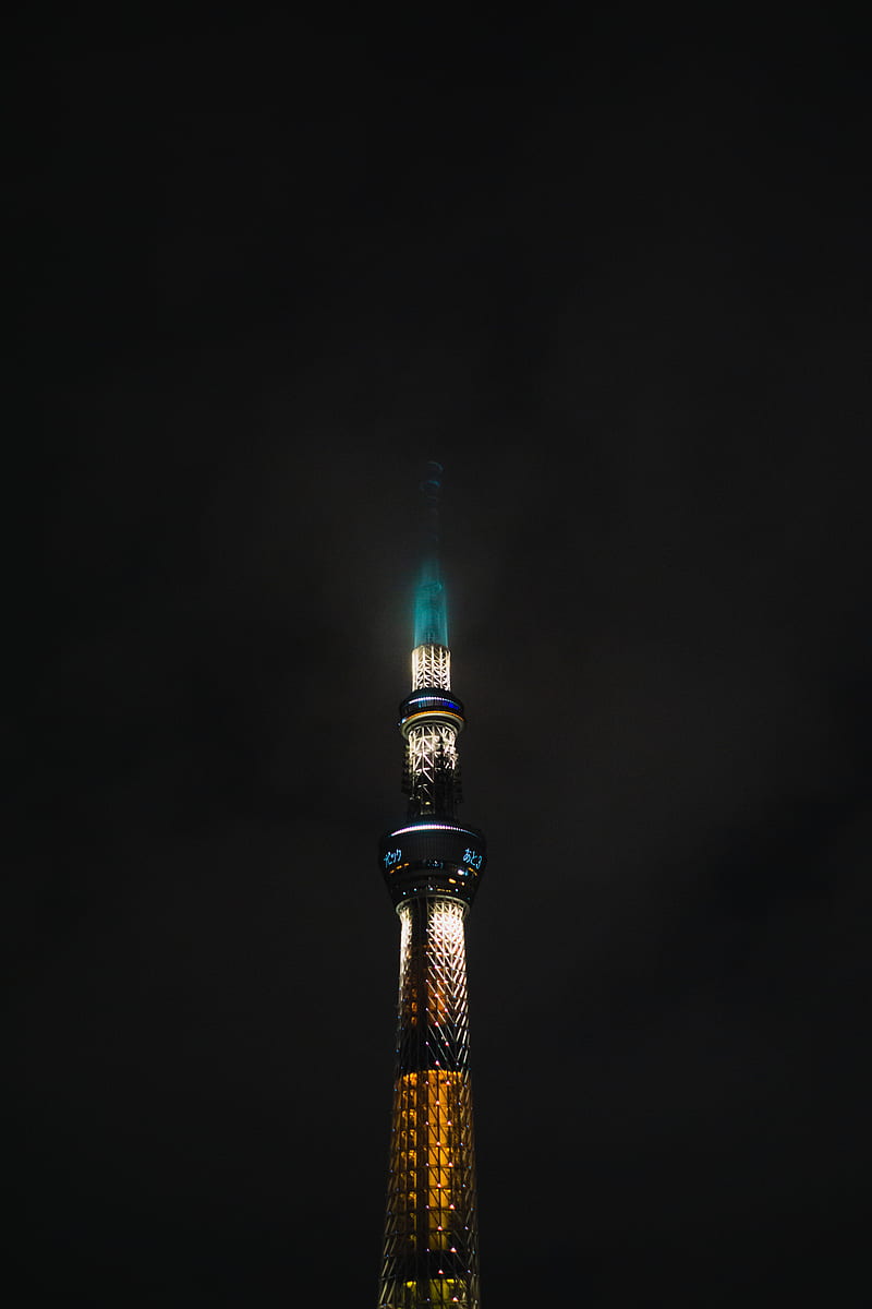 tower, building, night, fog, lights, HD phone wallpaper