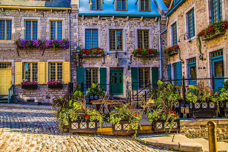 Quebec City Houses, flowers, city, older, canada, HD wallpaper