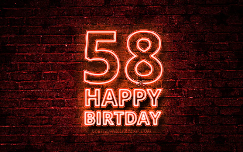Happy 58 Years Birtay orange neon text, 58th Birtay Party, orange brickwall, Happy 58th birtay, Birtay concept, Birtay Party, 58th Birtay, HD wallpaper