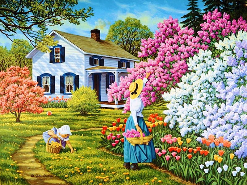 Wonderful Garden, house, John Sloane, trees, woman, painting, blossoms, path, child, tulips, HD wallpaper