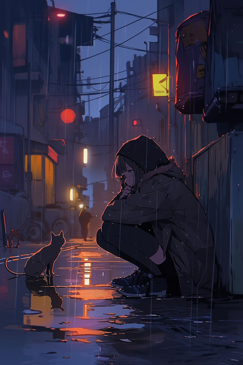 girl, rain, cat, street, anime, HD phone wallpaper