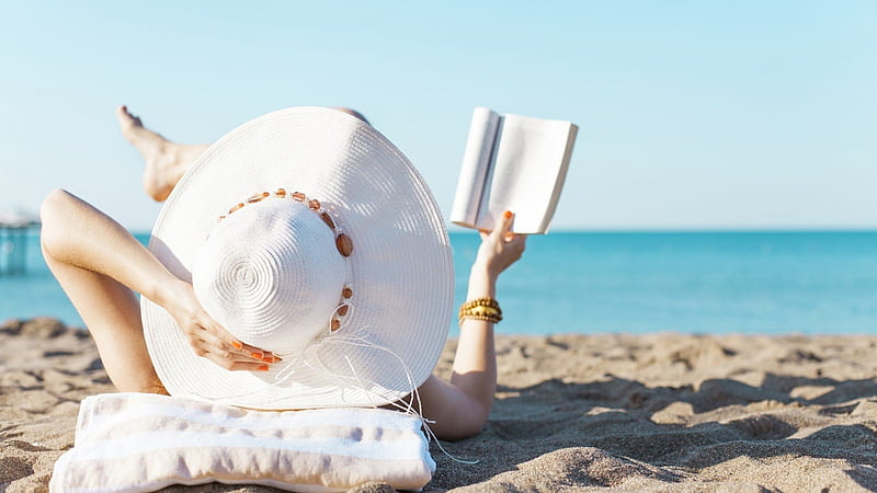 :), beach, vara, girl, book, summer, white, sea, hat, HD wallpaper