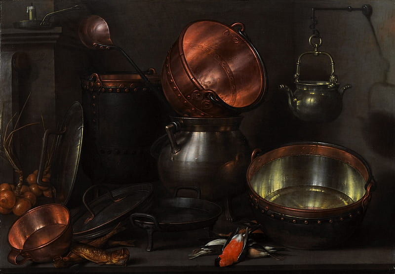 Still Life, metal, copper, iron, tin, kitchen utensils, HD wallpaper