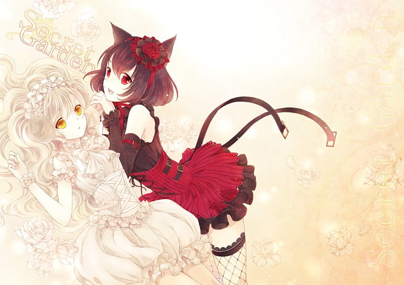 anime girl black hair red eyes neko