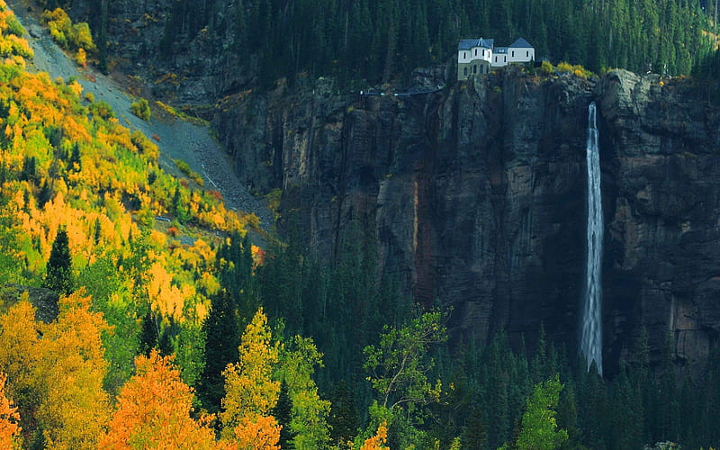 house above a tall waterfall, forest, autumn, house, waterfall, cliff, tall, HD wallpaper