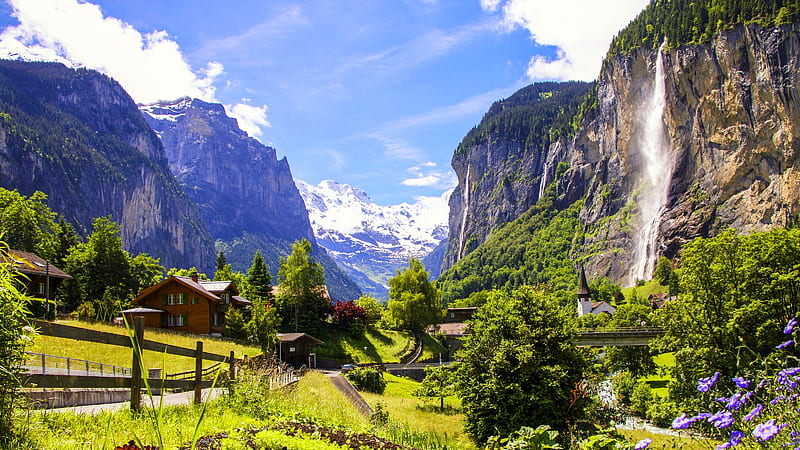 Swiss Alps, Alps, rocks, cliffs, swiss, waterfall, village, Switzerland, valley, greenery, HD wallpaper