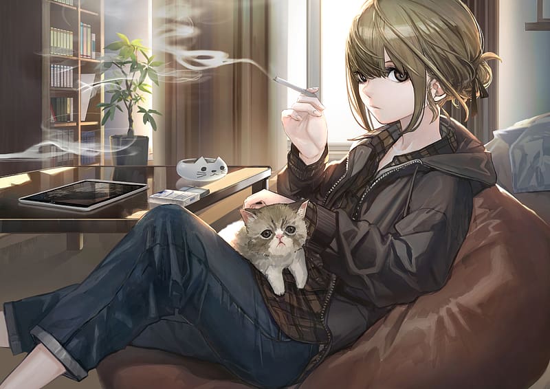 Anime, Cat, Girl, Blonde, Smoking, HD wallpaper