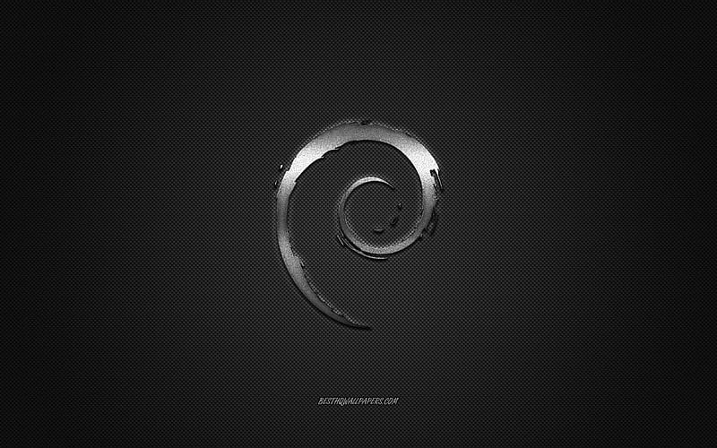 Debian logo, silver shiny logo, Debian metal emblem, for Debian, gray carbon fiber texture, Debian, brands, creative art, HD wallpaper