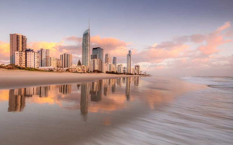 Brisbane, Surfers Paradise beach, Queensland, Gold Coast, morning, coast, sunrise, Gold Coast skyline, Australia, HD wallpaper