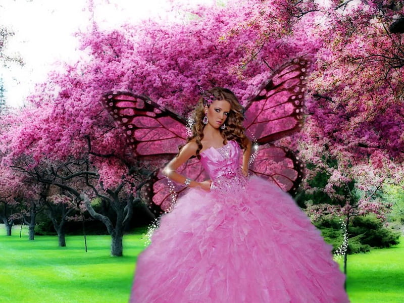 Spring Pink Parfait Fairy Fantasy, brown, black, spring, trees, parfait, floral, fantasy, girl, green, flowers, peach, white, pink, fairy, HD wallpaper