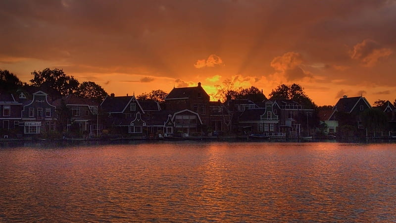 lakeside house at sunset, sunset, brown, lake, houses, HD wallpaper