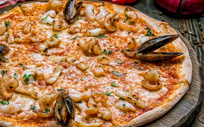seafood pizza, pizza with mussels, fast food, pizza, types of pizzas, HD wallpaper