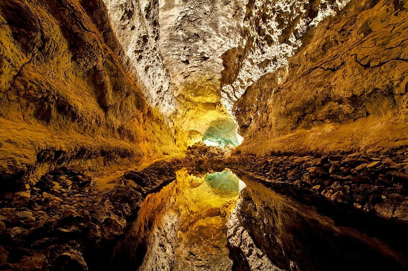 Cueva de Los Verdes, Gran Canaria, reflection, cave, Canary Islands, spain, HD wallpaper