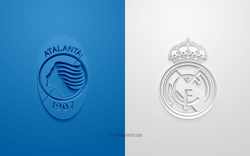 Atalanta vs Real Madrid, UEFA Champions League, Eighth-finals, 3D logos, white blue background, Champions League, football match, Real Madrid, Atalanta, HD wallpaper