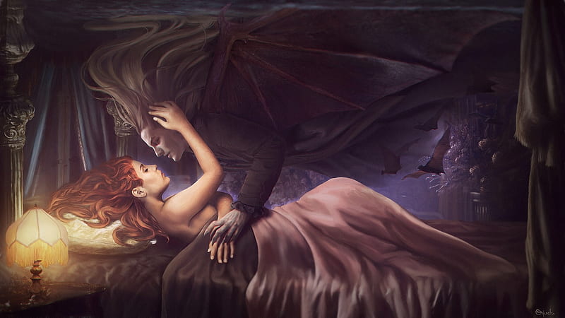 Whispering lies, girl, fantasy, dark, alfredo orjuela, vampire, man, couple, HD wallpaper