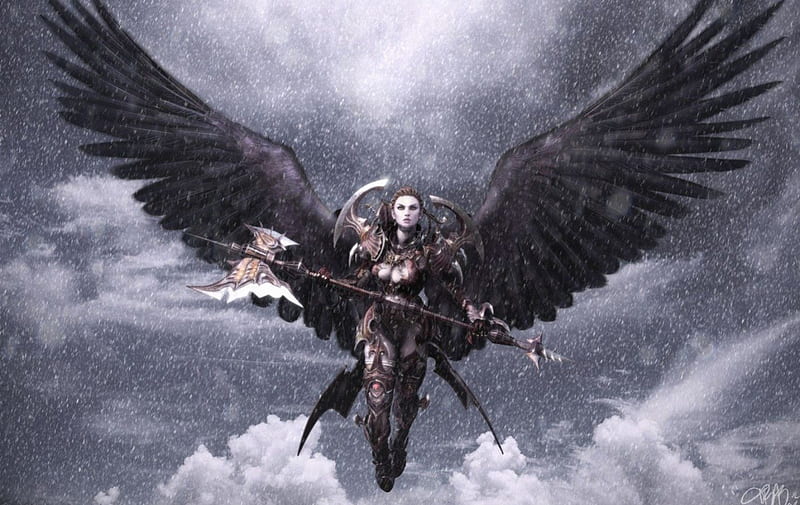 Warrior Angel, female, warrior, snow, angel, ax, HD wallpaper