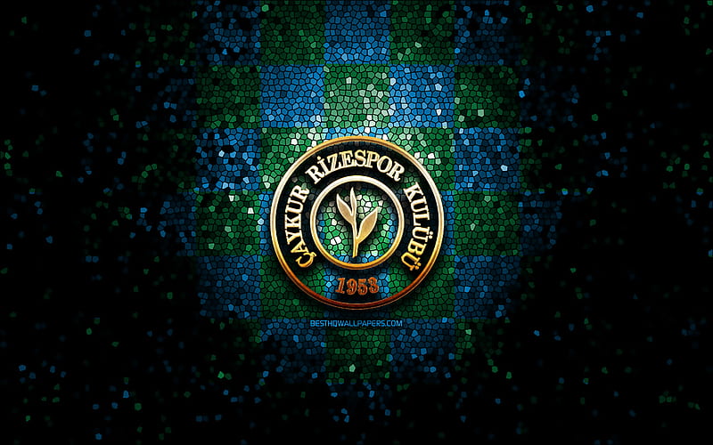 Rizespor FC, glitter logo, Turkish Super League, blue green checkered background, soccer, Rizespor, turkish football club, Rizespor logo, mosaic art, football, Turkey, HD wallpaper
