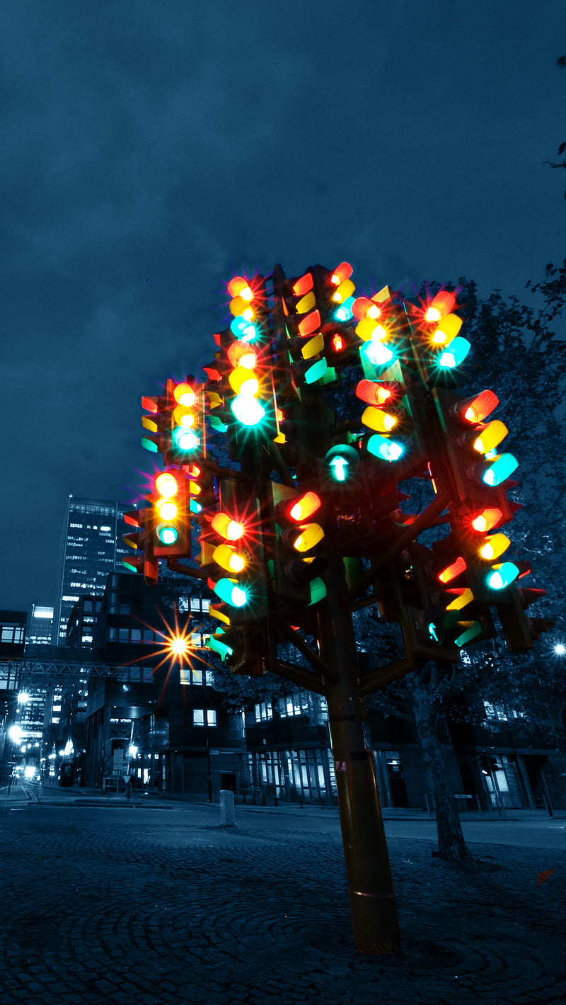 Traffic Lights Tree, art, light, night, graph, sculpture, HD phone wallpaper