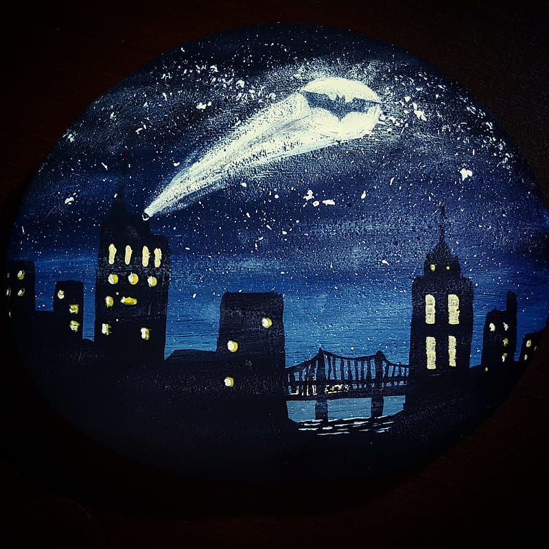 Gotham City, art, bat, batman, night sky, painting, HD phone wallpaper