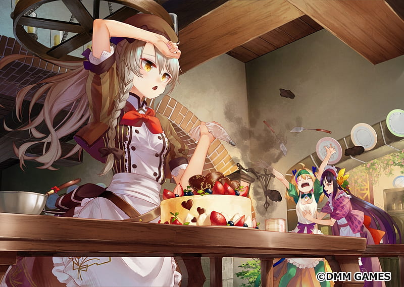 flower knight girl, komugi, kitchen, dessert, cake, fantasy world, apron, Anime, HD wallpaper