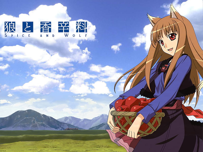 Holo, pretty, dress, horo, grass, apples, brown hair, ears, fox girl, clouds, cute, basket, mountians, long hair, red eyes, spice and wolf, HD wallpaper