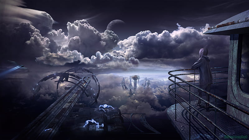 Aircraft Base Terrace Wind High Clouds, scifi, artist, artwork, digital-art, HD wallpaper