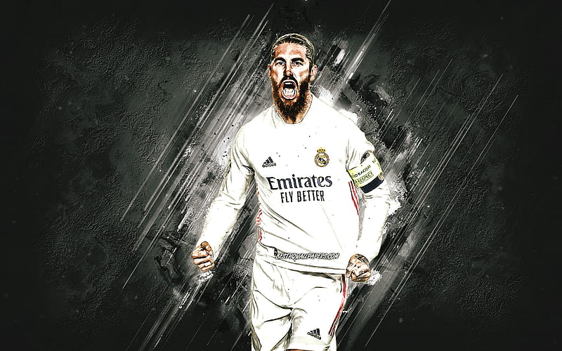 Sergio Ramos, Real Madrid, Spanish footballer, Sergio Ramos art, La Liga, football, gray stone background, HD wallpaper