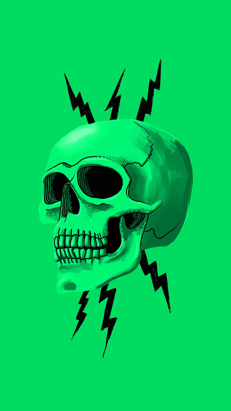 Thunder Skull Green, My, badass, bones, clean, colorful, cool, dead, death, epic, lightning, mean, vibrant, wicked, HD phone wallpaper