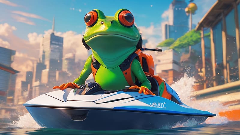 A Frog Riding A Jetski, animal, water, jetsli, frog, HD wallpaper