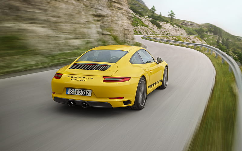Porsche 911 Carrera T, 2018, rear view, sports coupe, yellow Carrera, German sports car, Porsche, HD wallpaper