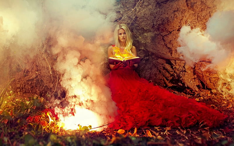 Witch, red, dress, orange, halloween, woods, book, yellow, pot, woman, spell, smoke, forest, model, blonde, fantays, creative, situation, fire, tree, girl, magical, HD wallpaper
