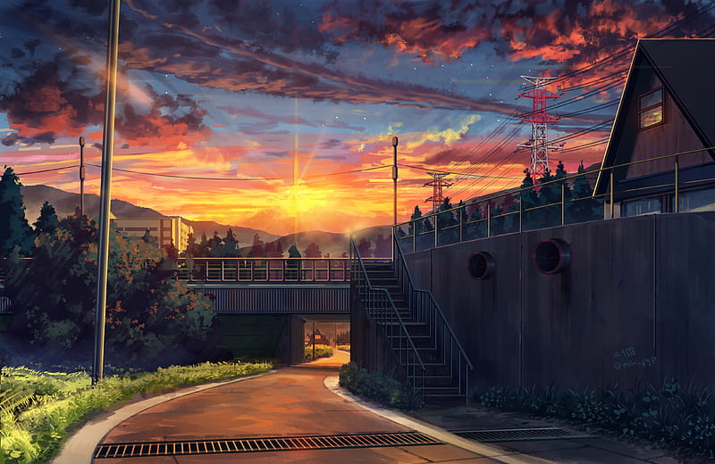 anime sunset, landscape, scenic, clouds, Anime, HD wallpaper