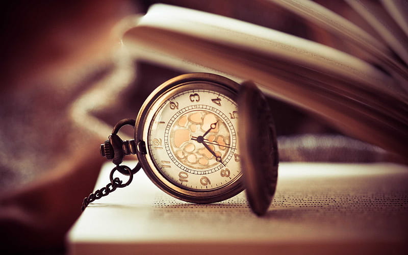 old clock, book, time, retro, pocket watch, HD wallpaper