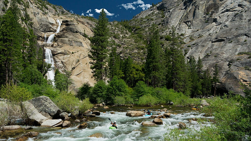 kayaking down a gorgeous river, rocks, cliffs, rapids, kayaks, river, falls, HD wallpaper