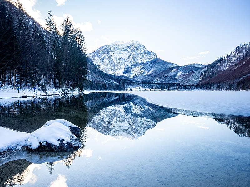 mountains, snow, lake, reflection, HD wallpaper