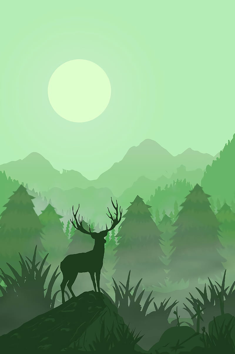 deer, horns, moon, art, HD phone wallpaper