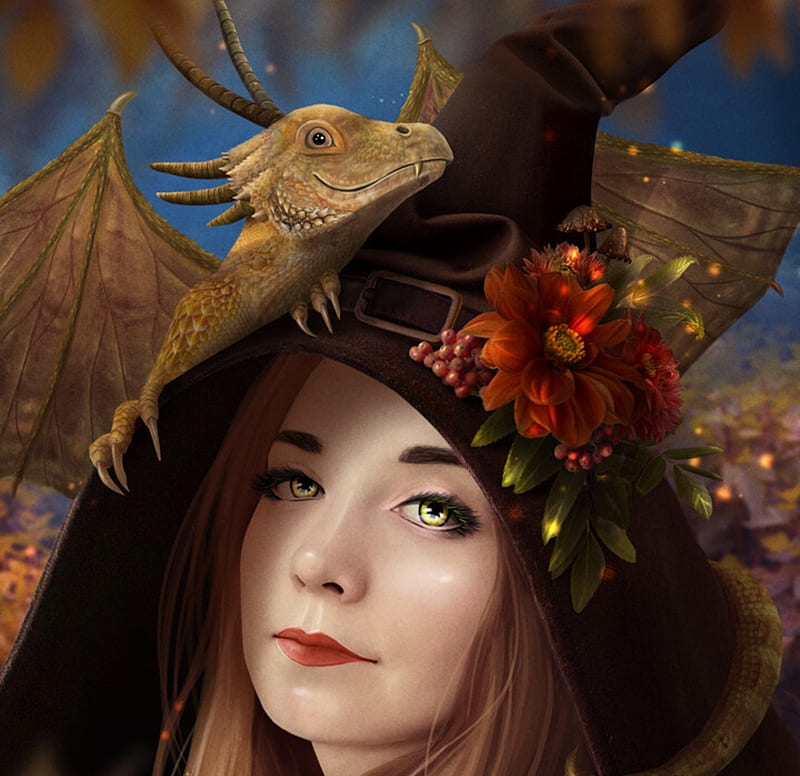 Witch, girl, katerina tanakoo, halloween, face, dragon, hat, red, luminos, fantasy, flower, HD wallpaper