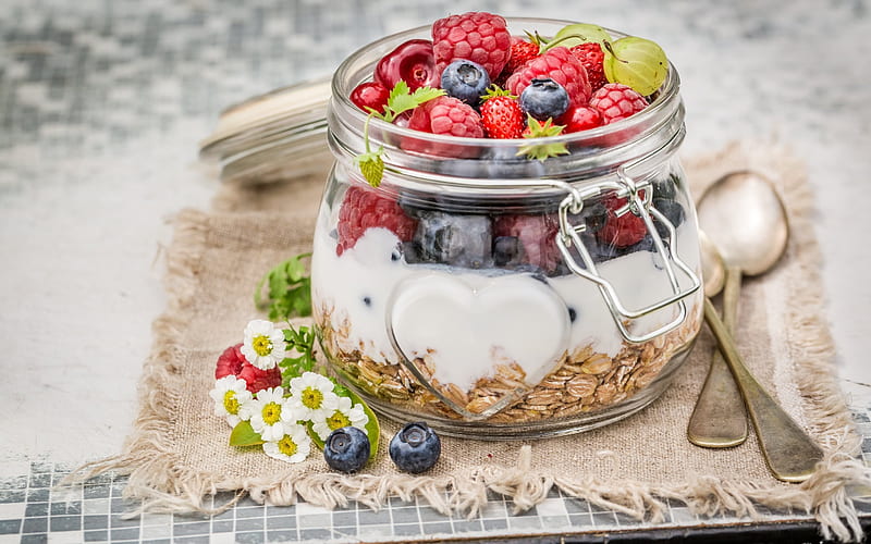yogurt, strawberries, breakfast, dairy products, HD wallpaper