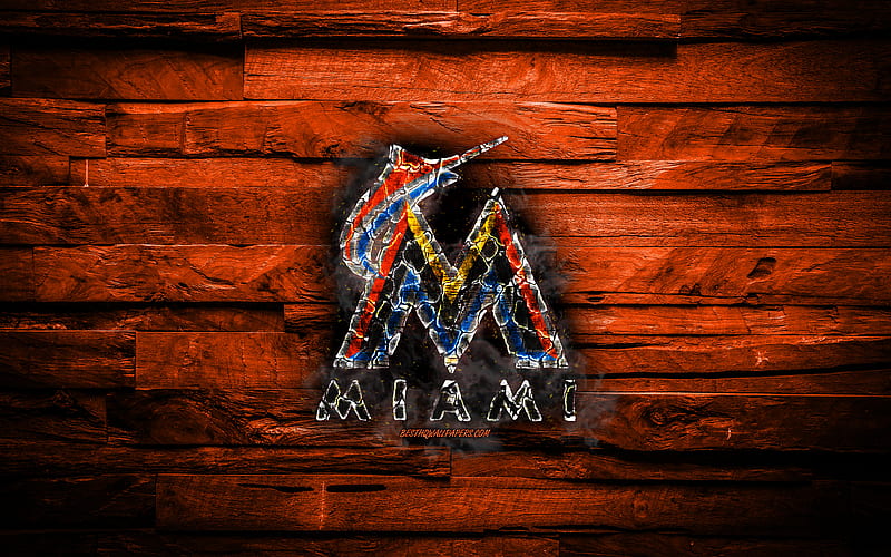 Miami Marlins scorched logo, MLB, orange wooden background, american baseball team, grunge, baseball, Miami Marlins logo, fire texture, USA, HD wallpaper
