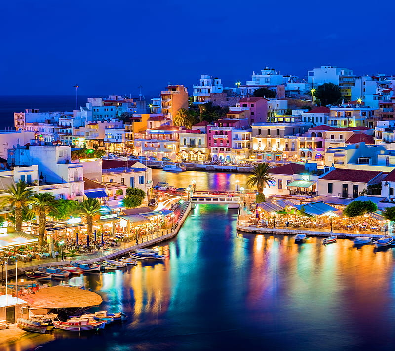 Crete, evening, greece, island, lights, night, HD wallpaper